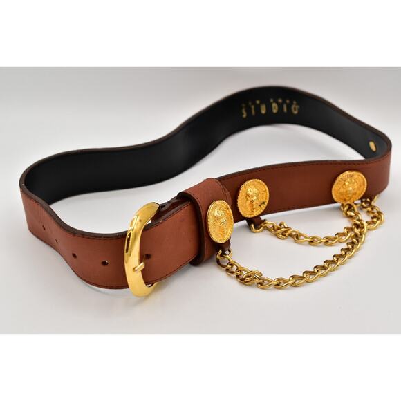 New York Studio Vintage L Leather Belt Buckle Gold Lion Coin Chain Brown 1980s main image 12